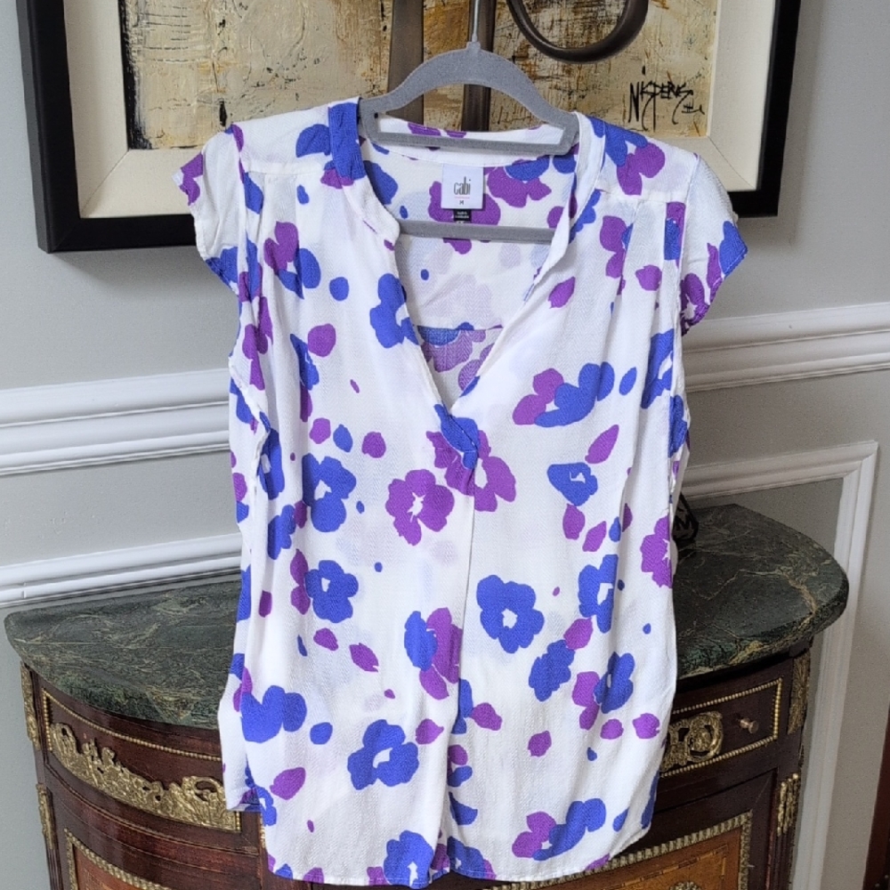 CAbi White Floral V-Neck Cap Sleeve Top in Purple and Blue